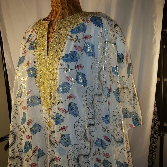Beaded White Silk Chiffon Caftan, One Size, White/Blue/Gold - Picture 3 of 8